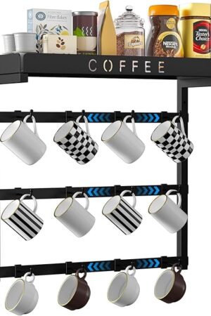 Coffee Mug Holder Wall Mounted with 12 Movable Hooks, Metal Coffee Cup Holder with Top Shelf, Mug Rack Wall Mount for Home Kitchen Display and Collection