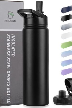 DOMICARE Stainless Steel Insulated Water Bottle 22 oz Black with Straw Lid Spout Lid