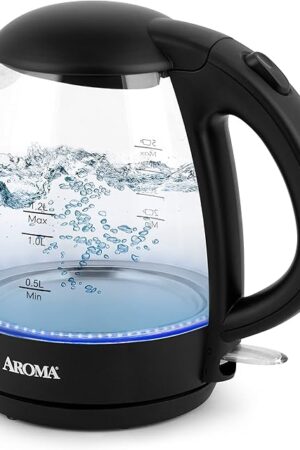 AROMA® 1.2L / 5-Cup Glass Electric Kettle with Cordless Pouring, Trigger-Release Lid, Automatic Shut-off, Black (AWK-151B)
