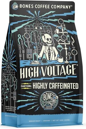 Bones Coffee Company High Voltage, Highly Caffeinated Unflavored Coffee, Medium Roast Low Acid Arabica Beans Compatible with Auto drip and French Press Coffee Maker, 12 Oz Ground