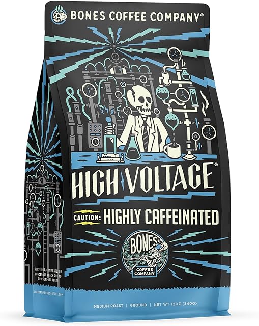Bones Coffee Company High Voltage, Highly Caffeinated Unflavored Coffee, Medium Roast Low Acid Arabica Beans Compatible with Auto drip and French Press Coffee Maker, 12 Oz Ground
