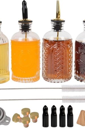 ChezMax Syrup Dispenser Bottles Set of 4, Simple Syrup Bottle for Coffee Bar Accessories, 7 oz Glass Coffee Syrup Dispenser Syrup Containers for Maple Honey Syrup Oil, with Metal Pour Spouts & Labels