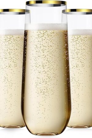 24 Pcak Champagne Flutes Plastic, 9 Oz Disposable Stemless Mimosa Gold Rim Toasting Glasses, Clear Crystal Plastic Cocktail Cups for Party Wedding Birthday