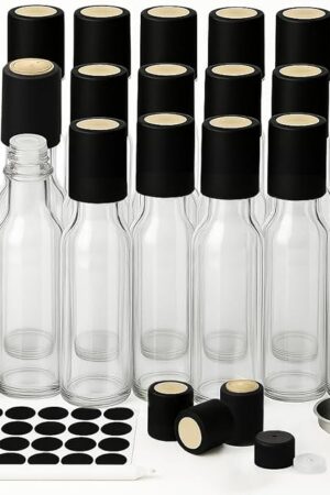 WERTIOO Hot Sauce Bottles 21-Pack 5oz Round Small Glass Bottles with Caps & Funnel - Reusable Mini Sauce Containers for Chili Oil, Vinegar, Gift Favors - Leakproof & Label-Ready