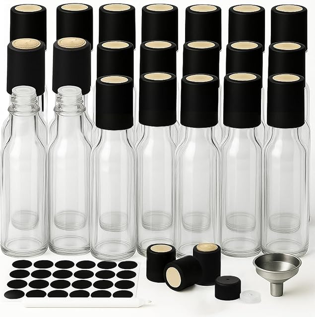 WERTIOO Hot Sauce Bottles 21-Pack 5oz Round Small Glass Bottles with Caps & Funnel - Reusable Mini Sauce Containers for Chili Oil, Vinegar, Gift Favors - Leakproof & Label-Ready
