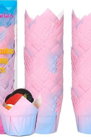 100Pcs Greaseproof Paper Muffin Liners, Tulip Cupcake Liners, Premium Baking Cups Cupcake Wrappers for Parties, Weddings, Birthdays (Fantasy Pink Purple Tulip)