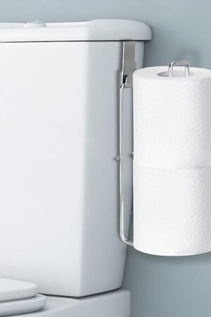 Bathroom Toilet Paper Holder with Storage Extra 2 Rolls, Over The Tank Toilet Paper Holder Wall Mount, Small Restroom Organizer, Adhesive RV Tissue Storage, Stainless Steel, Silver, 1PC
