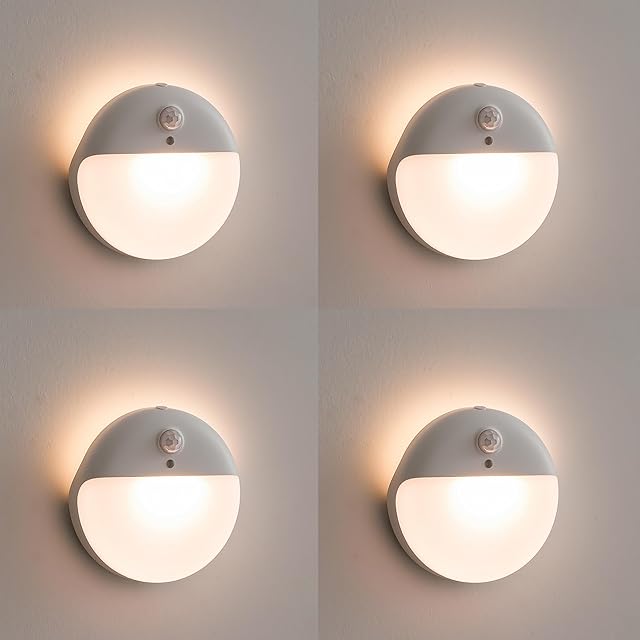 4 Pack Stair Lights Indoor, 2.6" Small Stick on Lights, Dimmable Motion Sensor Night Light, 3 Light Modes, Portable Battery Night Light for Corners, Cabinet, Toilet, Bedroom, Kids, Warm White