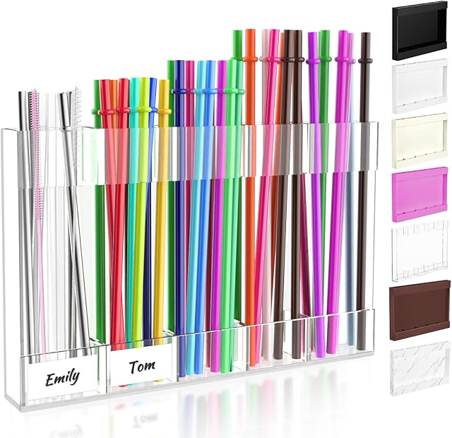 9.8? Large Acrylic Straw Holder for Cabinet Door with Ultra Sticky Adhesive Squares and Stickers, 2025 Reusable Straws Organizer Storage Dispenser for Kitchen Counter Cupboard(Transparent)