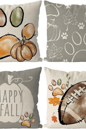Ciazoxa Fall Pillow Covers 18x18 Inch Set of 4 Football Dog Paws Throw Pillow Covers Pumpkins Autumn Harvest Pillowcase Farmhouse Home Decorations Sofa Bedroom Cushion Case