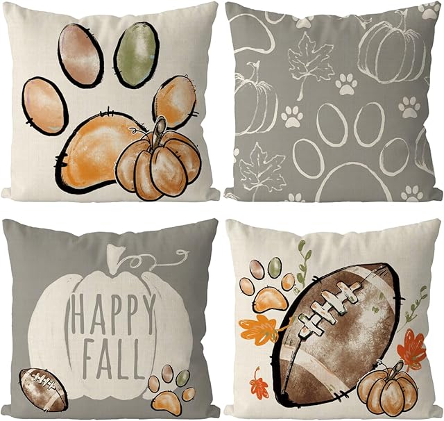 Ciazoxa Fall Pillow Covers 18x18 Inch Set of 4 Football Dog Paws Throw Pillow Covers Pumpkins Autumn Harvest Pillowcase Farmhouse Home Decorations Sofa Bedroom Cushion Case