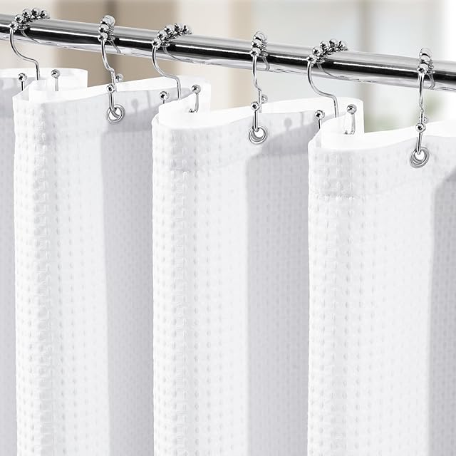 3 in 1 Shower Curtain Set, Waffle Shower Curtain and Liner Set with 12 Double Sided Shower Curtain Hooks, 258GSM Luxury Weighted Cloth Shower Curtains for Bathroom, 72 W x 72 H, White
