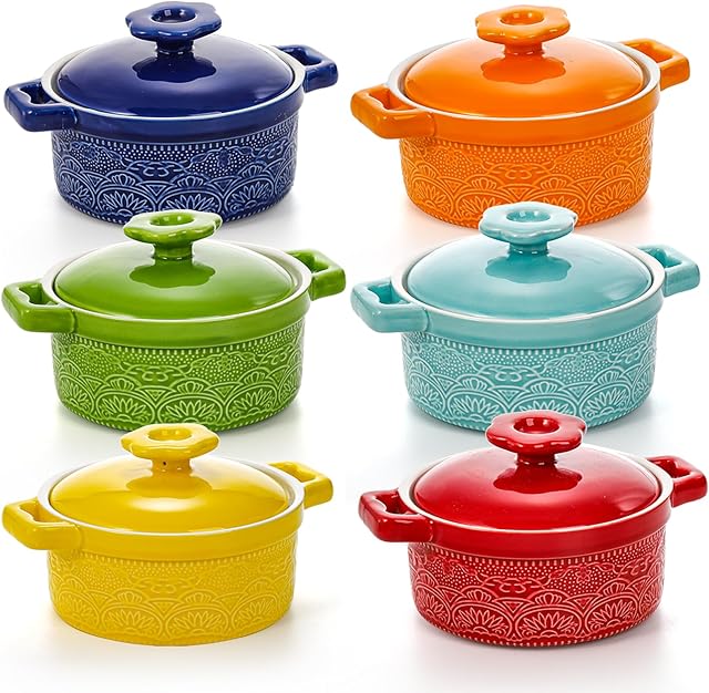 Hacaroa Set of 6 Mini Cocotte with Lid, 8 Oz Ceramic Ramekins with Handles, Small Casserole Dishes Individual Serving Pot for Baking, Soufflé, Soup, Cobbler, Oven Safe, 6 Colors