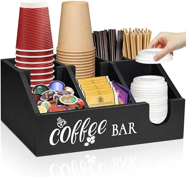 Rustic Coffee Bar Organizer - Wooden Coffee Pod Holder & Cup Storage Basket for Counter - K-Cup Sugar & Tea Condiment Organizer