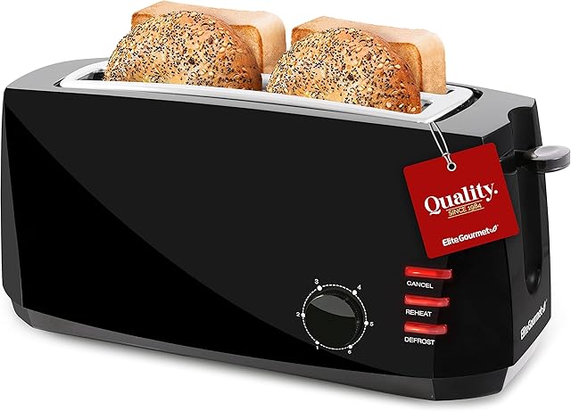 Elite Gourmet ECT4829B Long Slot 4 Slice Toaster, 6 Toast Settings Toaster Defrost, Reheat, Cancel Functions, Slide Out Crumb Tray, Extra Wide Slots for Bagels Waffles, Black