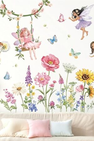 decalmile Flower Fairy Wall Decals Butterfly Girl with Wildflower Sunflower Wall Stickers Girls Bedroom Baby Nursery Kids Room Wall Decor