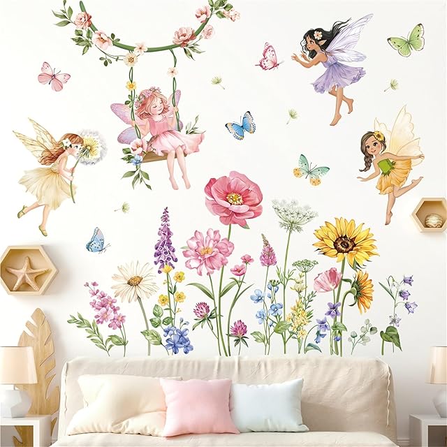 decalmile Flower Fairy Wall Decals Butterfly Girl with Wildflower Sunflower Wall Stickers Girls Bedroom Baby Nursery Kids Room Wall Decor