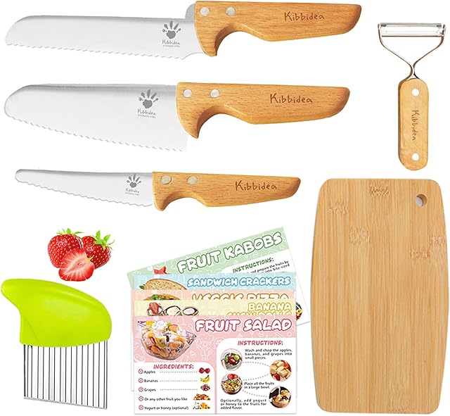 Kids Safe Knife Set for Real Cooking 11-Piece, BPA-free Kids Cutting Board and Knife Set,Firm Grip, Serrated Children Friendly Kitchen Chef Knives for Starter