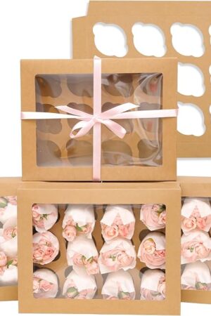 Bakepacker Auto-pop up 12 Cupcake Containers 6-Packs Brown Cupcakes Carrier, 12 Cupcake Boxes with Window 13"x10"x3.5"