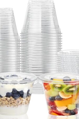 CenYouful 9 oz Clear Plastic Cups with Flat Lids No Hole, 50 Packs, Disposable Dessert Cups with Lids for Ice Cream, Cake, Snacks, Fruit, Cold Drinks, Smoothie, Pudding, Salad