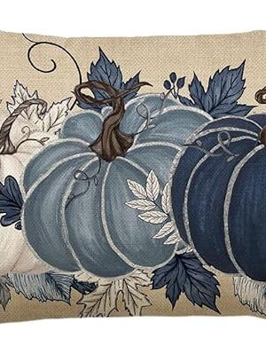 AVOIN colorlife Fall Pumpkin Leaves Blue Pillow Cover, 12 x 20 Inch Seasonal Thanksgiving Harvest Cushion Case Decoration for Sofa Couch