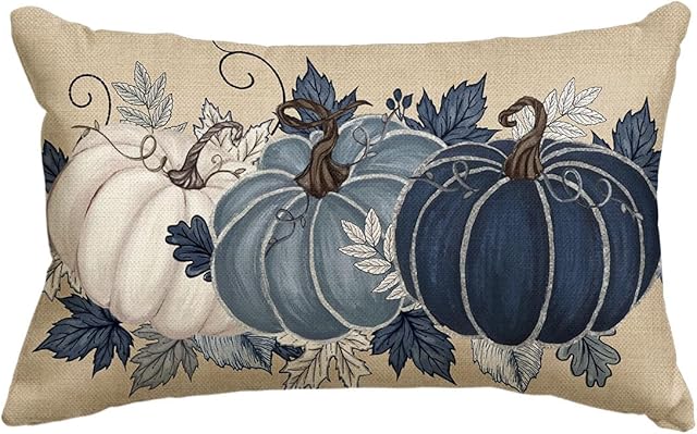 AVOIN colorlife Fall Pumpkin Leaves Blue Pillow Cover, 12 x 20 Inch Seasonal Thanksgiving Harvest Cushion Case Decoration for Sofa Couch
