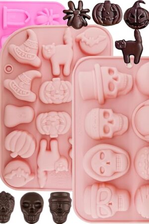 3 Pcs Halloween Chocolate Candy Silicone Mold Halloween Molds Ghost Pumpkin Bat Skull Witch Hat Gummy Fondant Baking Mold for DIY Candy Ice Cube Sugar Halloween Party Cupcake Topper Decorating