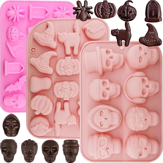 3 Pcs Halloween Chocolate Candy Silicone Mold Halloween Molds Ghost Pumpkin Bat Skull Witch Hat Gummy Fondant Baking Mold for DIY Candy Ice Cube Sugar Halloween Party Cupcake Topper Decorating