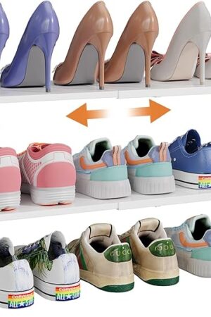 X-cosrack 2-Tier Shoe Rack Organizer for Closet, Expandable and Adjustable White Shoe Rack, Stackable Iron Wood Combination Shoe Storage Shelves for Closets, Entryway, Small Space, Hallway, Garage