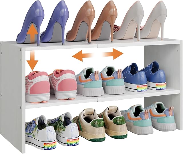 X-cosrack 2-Tier Shoe Rack Organizer for Closet, Expandable and Adjustable White Shoe Rack, Stackable Iron Wood Combination Shoe Storage Shelves for Closets, Entryway, Small Space, Hallway, Garage