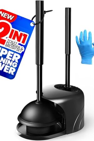 2 in 1 Toilet Brush and Plunger Set, Extended Handle Plunger,Toilet Bowl Brush Plunger Set,Gap Brush,Clean Gloves,Bathroom Cleaning Tools,Toilet Brush Plunger Combo,Black๏ผ20inch๏ผ