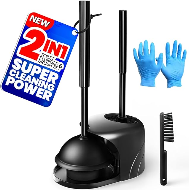 2 in 1 Toilet Brush and Plunger Set, Extended Handle Plunger,Toilet Bowl Brush Plunger Set,Gap Brush,Clean Gloves,Bathroom Cleaning Tools,Toilet Brush Plunger Combo,Black(20inch)