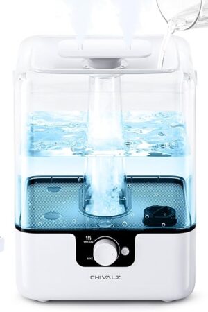 CHIVALZ 6L Humidifiers for Bedroom Large Room Home, Cool Mist Top Fill Humidifiers for Baby Nursery and Plants, 26dB Quiet, Nightlight, Up to 50 Hours, Oil Diffuser 1 Pack + 2 Mist Outlets White
