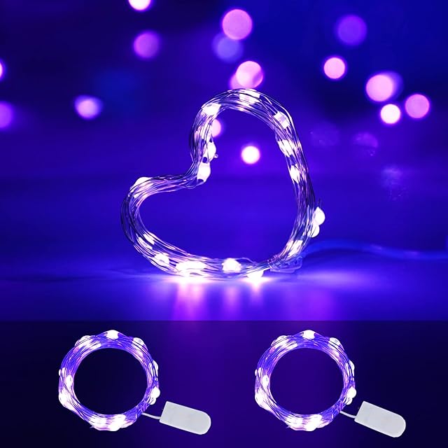 Battery Operated LED UV Black Lights, 2 Pack 6.56ft 20LED UV Lamp Bead Flexible Blacklight Fixtures Purple Fairy String Lights for Mason Jar DIY Gift Fluorescent Glow Party Body Paint Halloween Décor