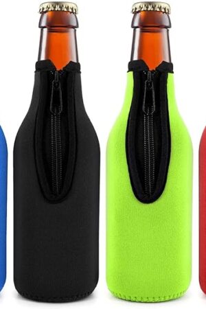 Beer Bottle Insulator Sleeve Different Color. Zip-up Bottle Jackets. Keeps Beer Cold and Hands Warm. Classic Extra Thick Neoprene with Stitched Fabric Edges, Enclosed Bottom (set of 4 color)