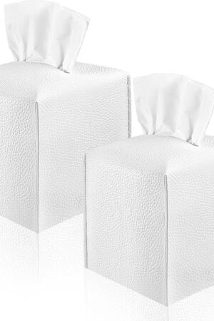 2 Pack, VIVIDLY Tissue Box Cover Holder, Square Modern PU Leather Tissue Box Holder, Can be Used for Bathroom Dressing Table, Bedside Table, Office Desk & Car 5"X5"X5"- (White, 2)