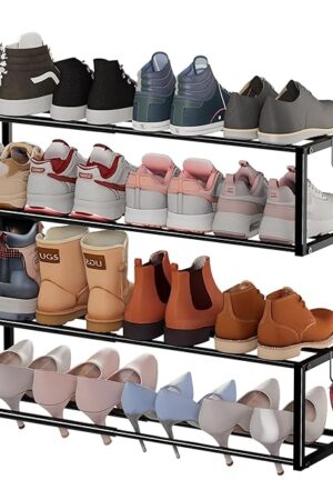 2 Pack Expandable Wall Mounted Shoe Rack, 17"-31" Adjustable Hanging Shoe Rack Holds 16 Pairs, Heavy Duty Metal Shoe Holder with 4 Storage Hooks, Space Saving for Entryway Closet Doorway（Black