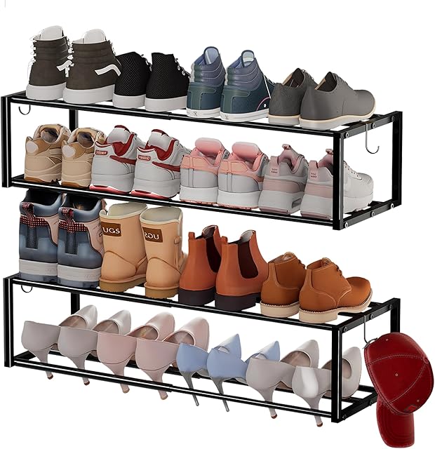2 Pack Expandable Wall Mounted Shoe Rack, 17"-31" Adjustable Hanging Shoe Rack Holds 16 Pairs, Heavy Duty Metal Shoe Holder with 4 Storage Hooks, Space Saving for Entryway Closet Doorway(Black