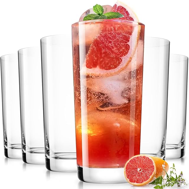 Drinking Highball Glasses Set of 6, Water Glasses 16 oz, Wide Mouth Design Lead-Free Crystal Glassware, Tall Glass Cups for Mojito and Tom Collins, Cocktail