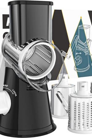 Cambom Rotary Cheese Grater Hand Crank Cheese Shredder for Fresh Cheese, Vegetable, Nuts,Non-slip Suction Base, Free Cleaning Brush Three Blades, Black