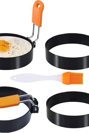3.5" Egg Rings Set of 4 with Silicone Handle, Large Ring for Frying Eggs, Round Mold for English Muffins - Griddle Cooking Shaper for Indoor Camping Breakfast Sandwiches w/Silicone Oil Brush
