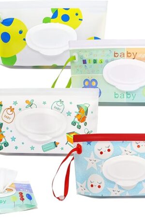 4 Pack Baby Wipes Dispenser, Refillable Travel Wet Wipes Holder Portable Reusable Wipe Case Lightweight Waterproof with Sealed Zipper to Keep Wipes Clean and Moist