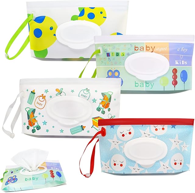 4 Pack Baby Wipes Dispenser, Refillable Travel Wet Wipes Holder Portable Reusable Wipe Case Lightweight Waterproof with Sealed Zipper to Keep Wipes Clean and Moist