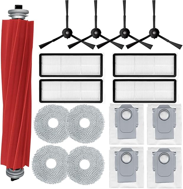 Accessories Kit Compatible with Roborock Qrevo S/Qrevo Maxv/Qrevo S/Qrevo Plus Robtic Vacuum Cleaner,17 Spare Parts,1 Main Brush Roller,4 Side Brushe,4 Mop Pads,4 Dust Bags,4 Hepa Filters (Black-17)