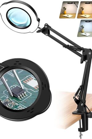 10X Magnifying Glass with Light, 5 Color Modes Stepless Dimmable LED Desk Lamp, Hands Free Lighted Magnifying Glass for Close Work Reading Craft Hobby