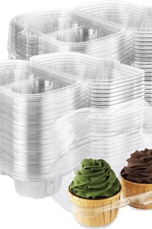 100PCS Cupcake Containers 2 Pack, Plastic Cupcake Holders 2 Clear Cupcakes Boxes 2 Count Cupcake Containers with Lids, Cupcake Carrier for Cake Store and Bakery