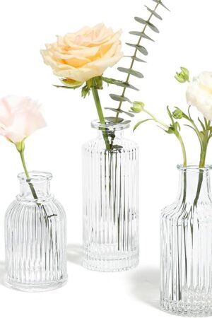 ComSaf Glass Bud Vases Set of 3, Small Flower Vases in Bulk, Mini Ribbed Vases for Centerpieces, Clear Vintage Vase for Table Decorations, Wedding, Party, Receptions, Home Decor (Different Sizes)