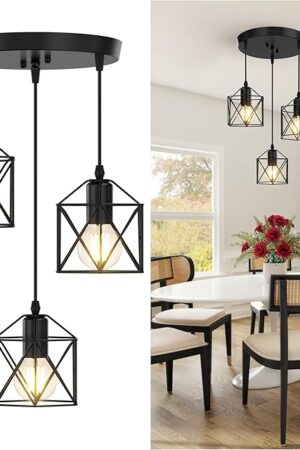 3-Light Pendant Lighting, Farmhouse Hanging Light Fixture for Kitchen Island & Dining Room, Industrial Vintage Ceiling Lamp with E26 Base, Adjustable Height, Matte Black