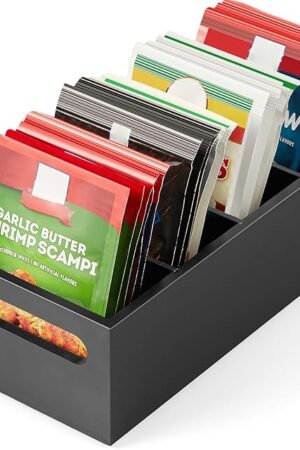 DRASTAR Pantry Organization and Storage Bins, Seasoning Packet Organizer with Removable Dividers,Wooden Storage Caddy for Kitchen, Pantry, Cabinet, Countertop, Black