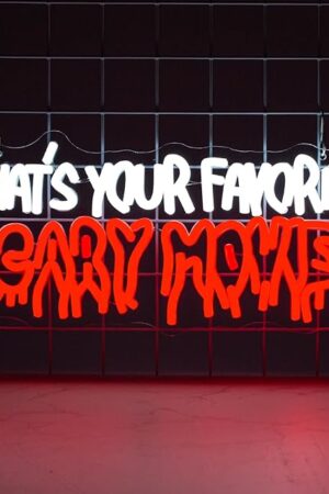 What's Your Favorate Scary Movie Neon Sign, Horror Movies Neon Signs For Wall Decor, Gothic Led Light Up Signs for Room Bar Man Cave Movie Night Party Halloween Decorations Gifts